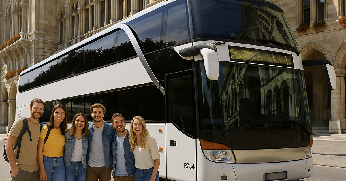 busfahrt-gruppe-touristen-1200×628 Gruppe junger Reisender vor einem modernen Reisebus von Busunternehmen Duisburg – European Bus Service